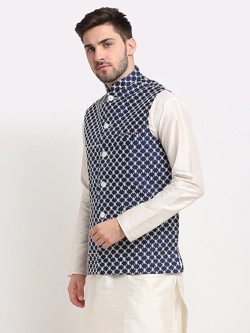 Jompers Men's Navy Blue Navy Blue and White Embroidered Nehru Jacket ( JOWC 4029Navy )