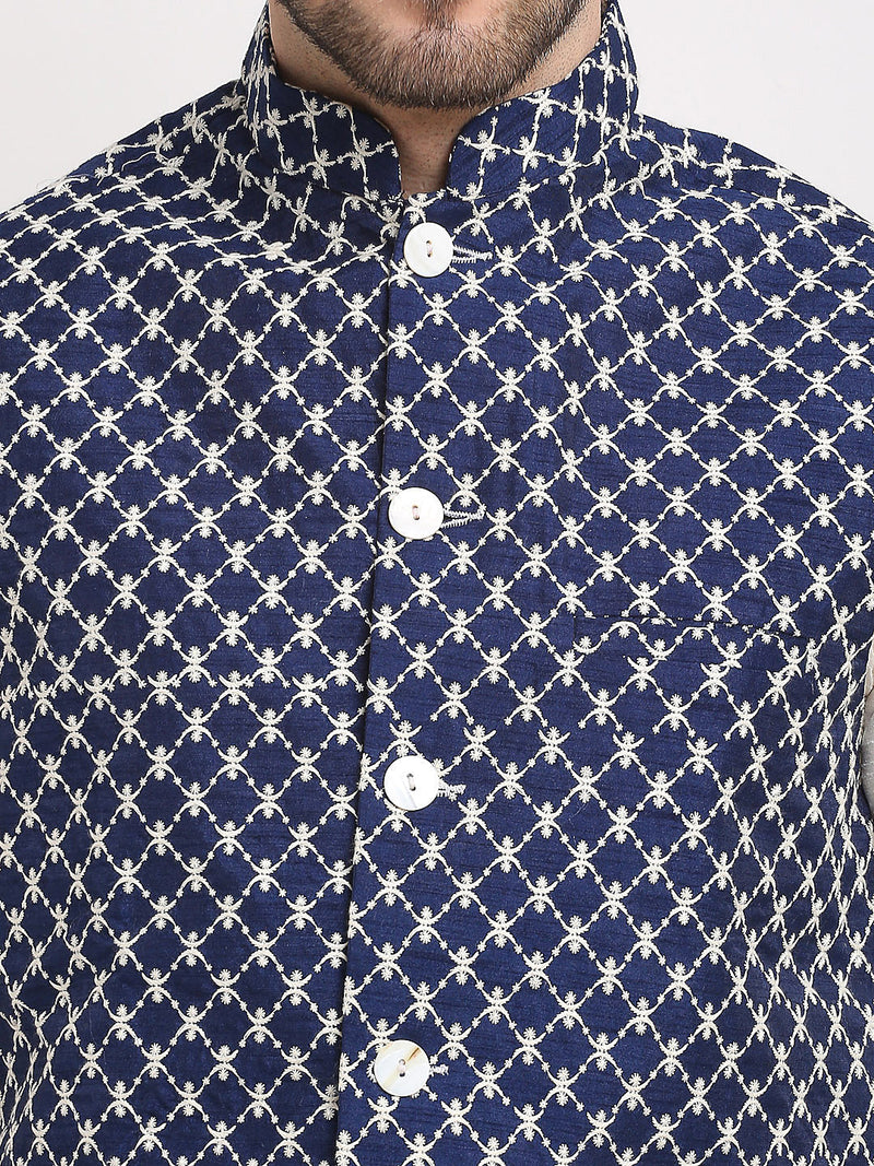 Jompers Men's Navy Blue Navy Blue and White Embroidered Nehru Jacket