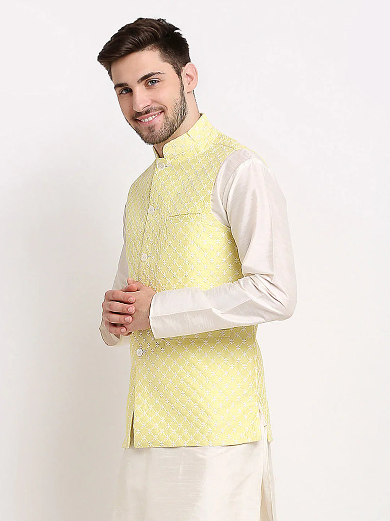 Jompers Men's Yellow Yellow and White Embroidered Nehru Jacket ( JOWC 4029Yellow )