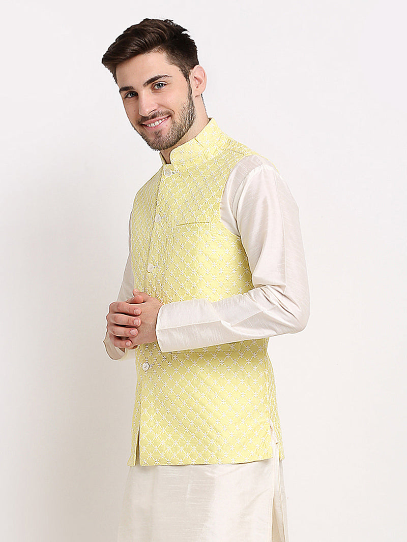 Jompers Men's Yellow Yellow and White Embroidered Nehru Jacket