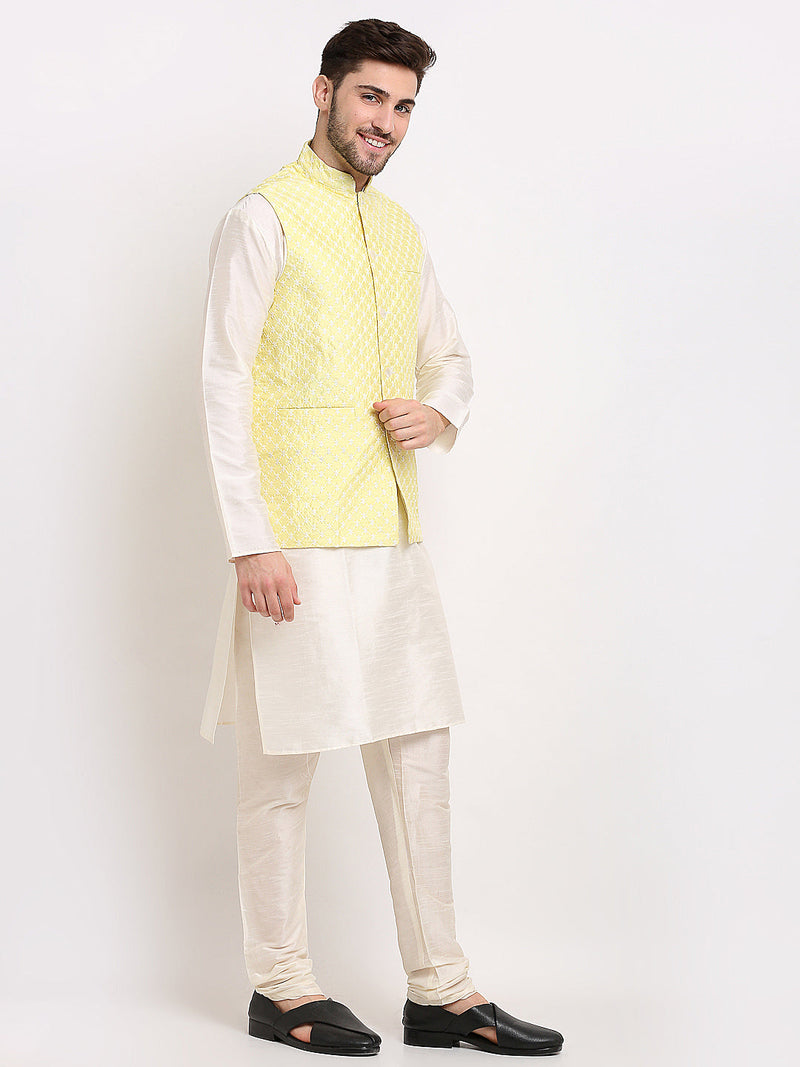 Jompers Men's Yellow Yellow and White Embroidered Nehru Jacket