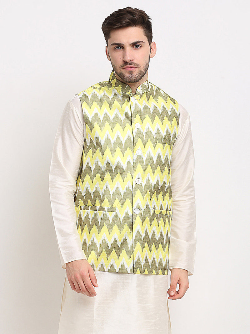 Jompers Men's Olive Ikat Printed Nehru Jacket