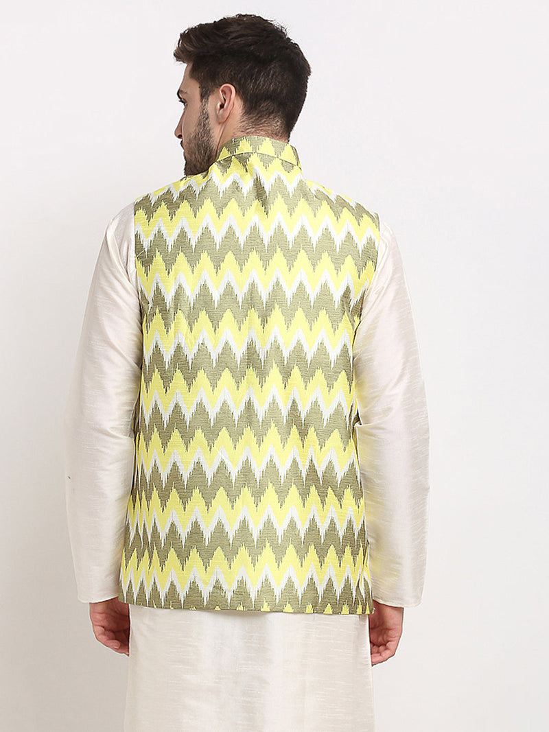 Jompers Men's Olive Ikat Printed Nehru Jacket