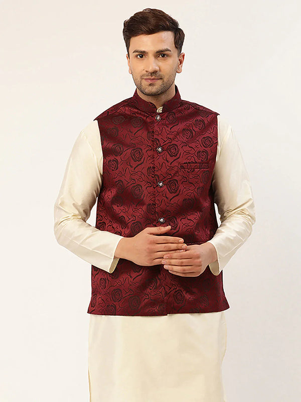 Men's Maroon & Black embossed Nehru Jacket( JOWC 4034 Maroon )