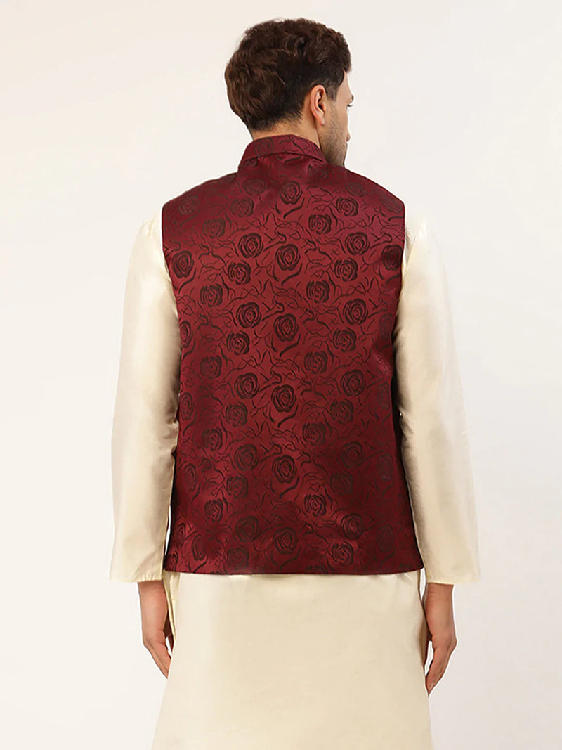 Men's Maroon & Black embossed Nehru Jacket( JOWC 4034 Maroon )