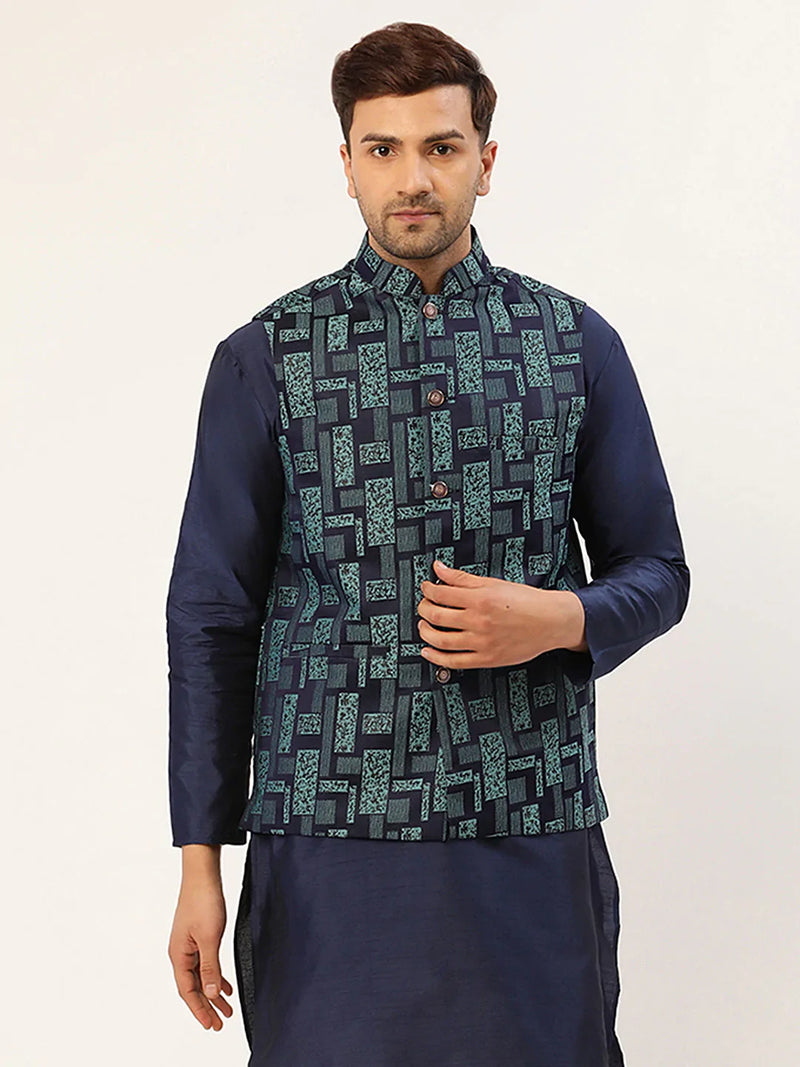 Men's Blue Woven Design Nehru Jacket( JOWC 4037 Blue )