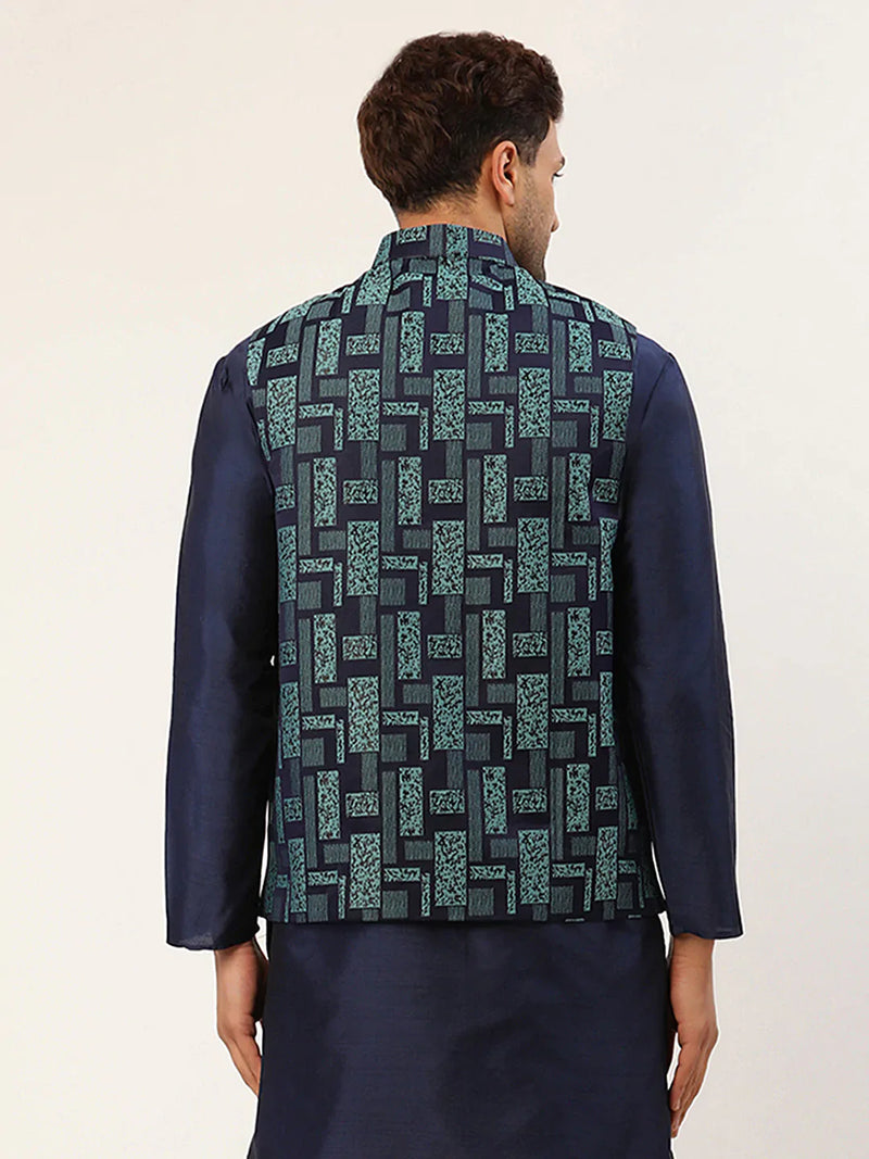 Men's Blue Woven Design Nehru Jacket( JOWC 4037 Blue )