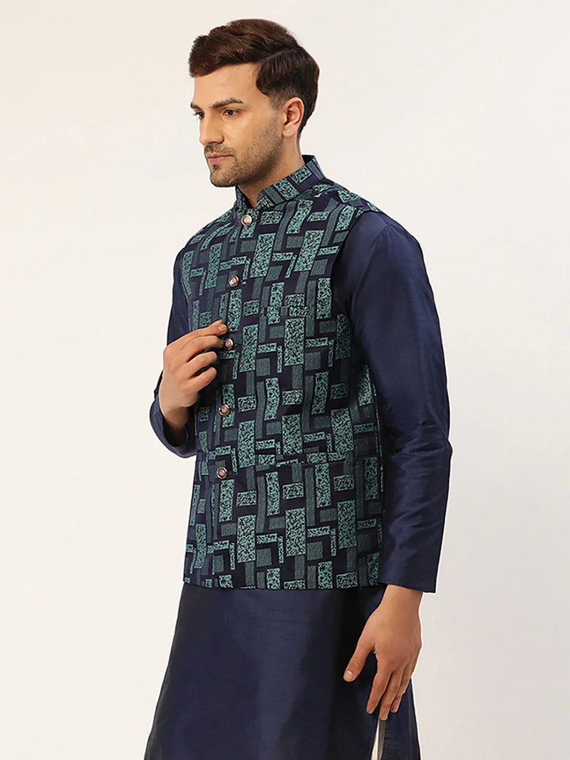 Men's Blue Woven Design Nehru Jacket( JOWC 4037 Blue )