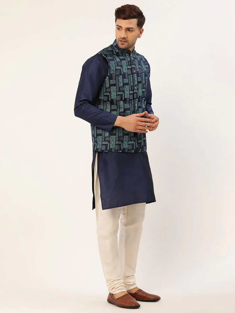 Men's Blue Woven Design Nehru Jacket( JOWC 4037 Blue )