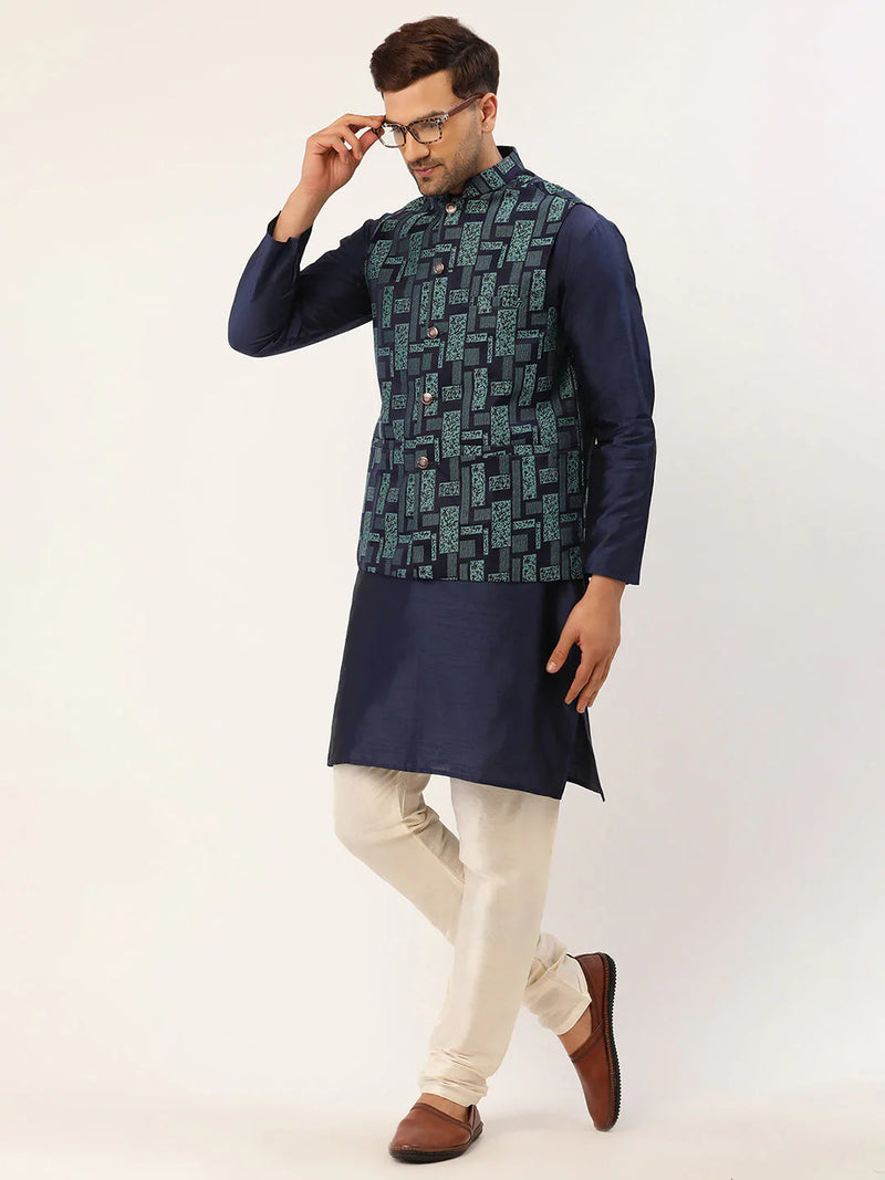 Men's Blue Woven Design Nehru Jacket( JOWC 4037 Blue )