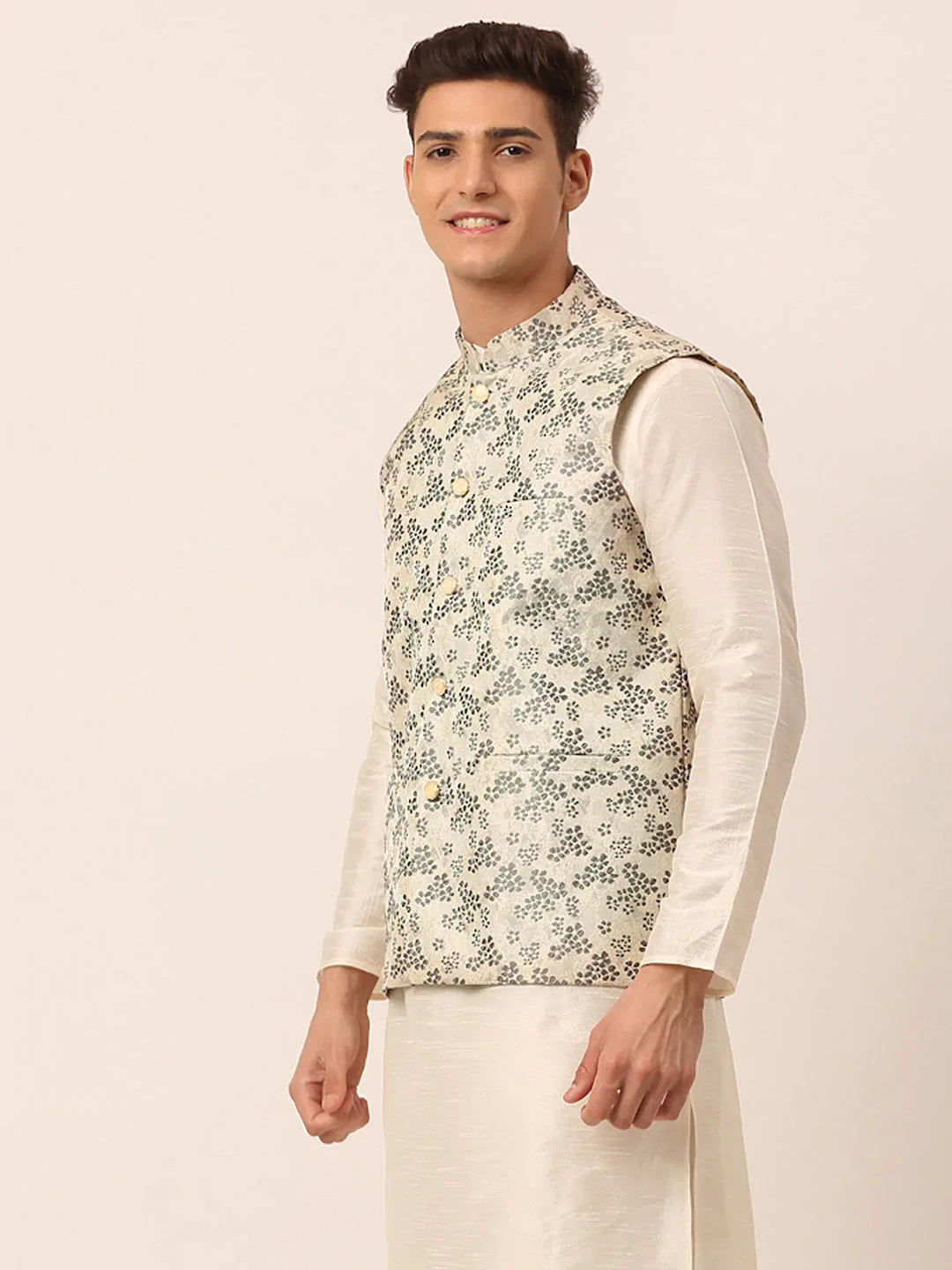 Men's Grey Floral Design Nehru Jacket.( JOWC 4042 Grey )