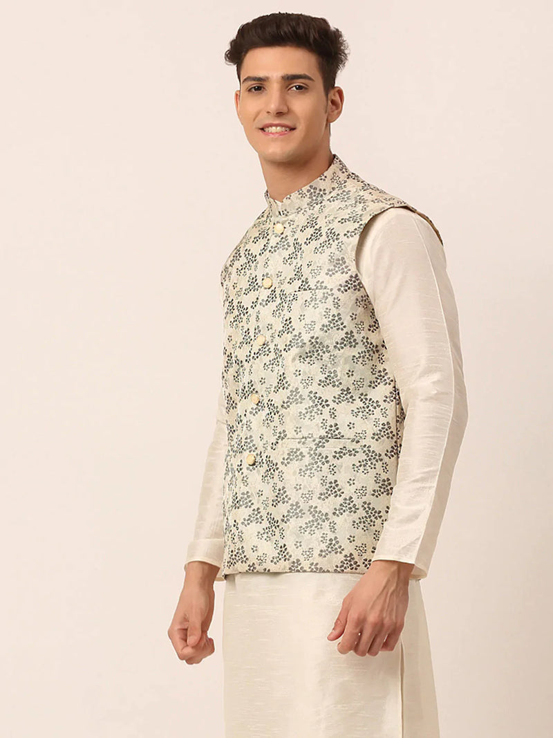 Men's Grey Floral Design Nehru Jacket.( JOWC 4042 Grey )