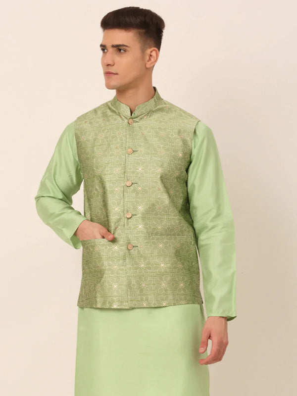 Men Beige & Golden Woven Design Nehru Jackets-JOWC_4045Pista ( JOWC 4045 Pista )