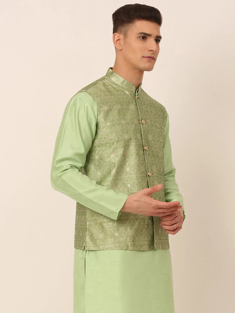 Men Beige & Golden Woven Design Nehru Jackets-JOWC_4045Pista ( JOWC 4045 Pista )