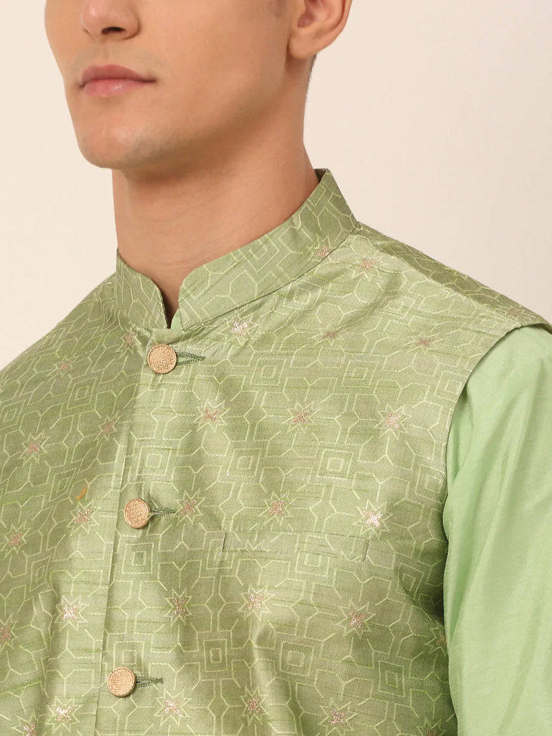 Men Beige & Golden Woven Design Nehru Jackets-JOWC_4045Pista ( JOWC 4045 Pista )