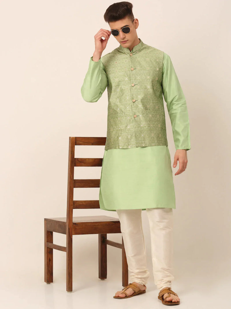 Men Beige & Golden Woven Design Nehru Jackets-JOWC_4045Pista ( JOWC 4045 Pista )