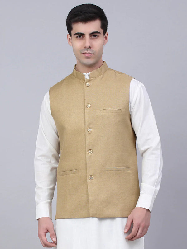 Men Beige Solid Woven Sleeveless Nehru Jackets ( JOWC 4046 Beige )