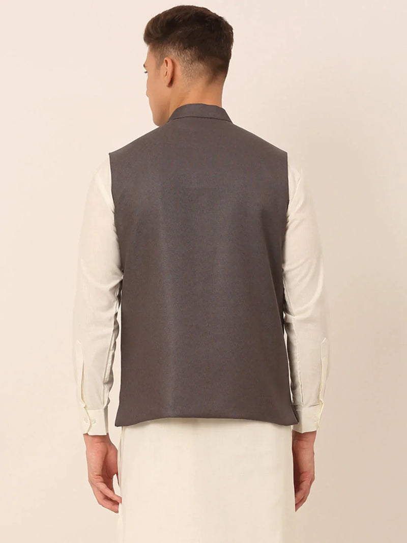 Men Charcoal Grey Solid Woven Sleeveless Nehru Jackets ( JOWC 4046 Charcoal )