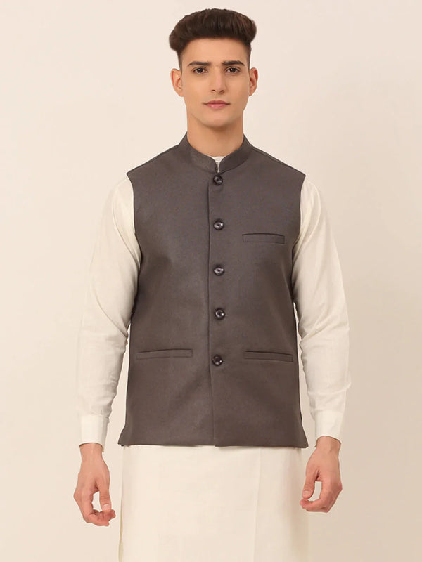 Men Charcoal Grey Solid Woven Sleeveless Nehru Jackets ( JOWC 4046 Charcoal )