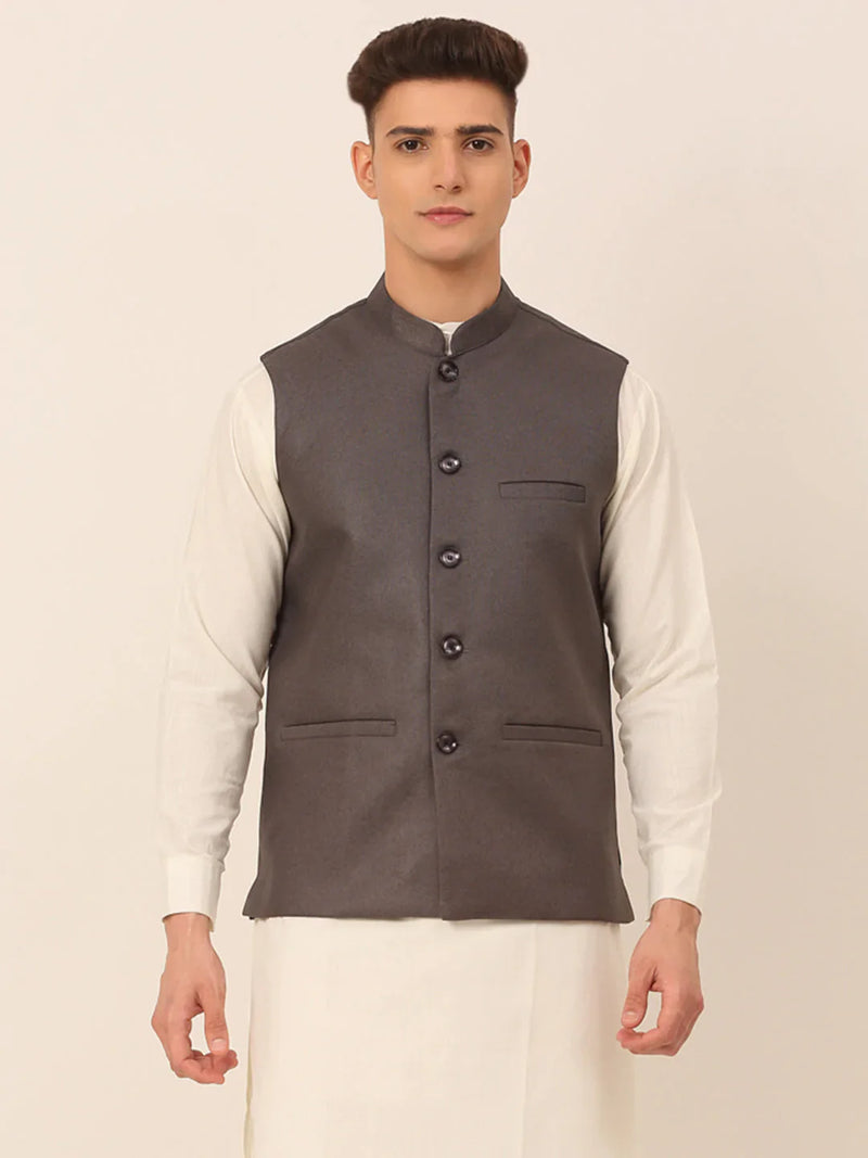 Men Charcoal Grey Solid Woven Sleeveless Nehru Jackets ( JOWC 4046 Charcoal )