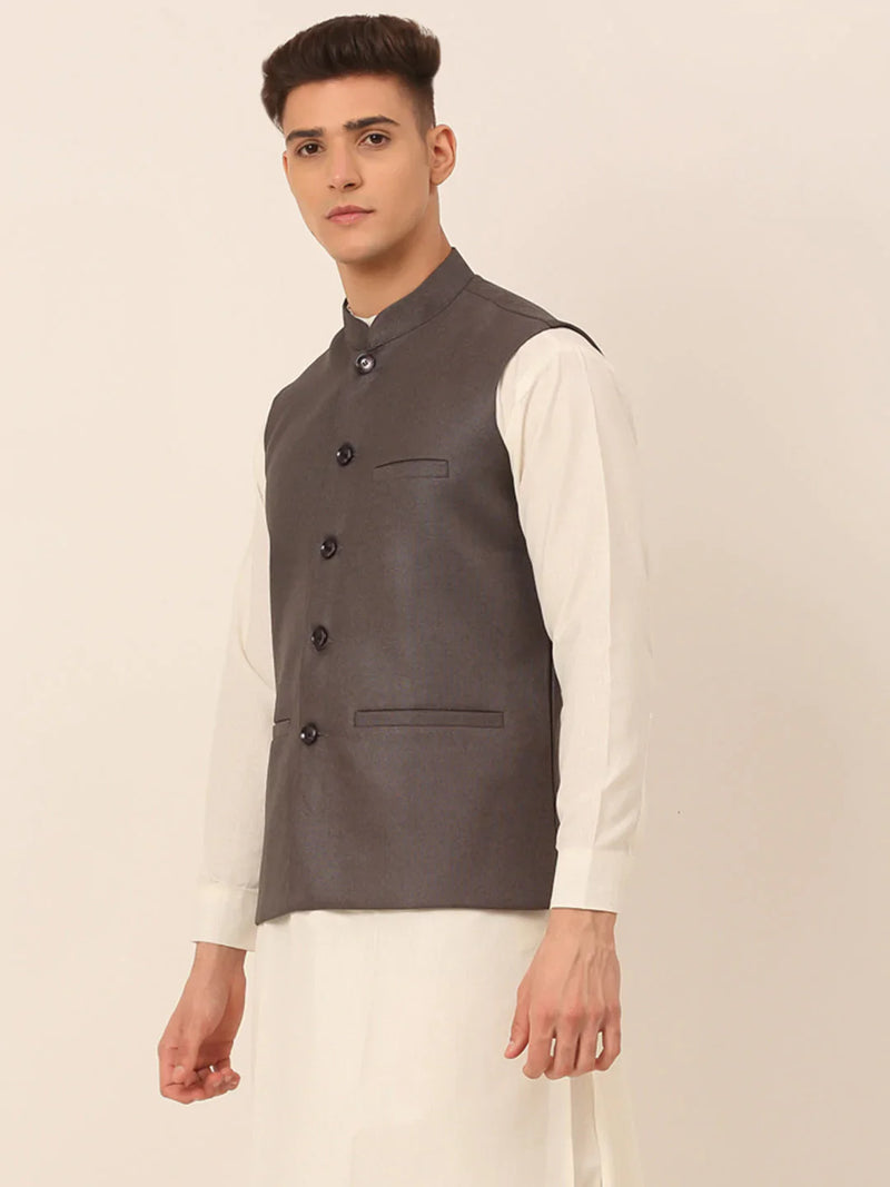 Men Charcoal Grey Solid Woven Sleeveless Nehru Jackets ( JOWC 4046 Charcoal )