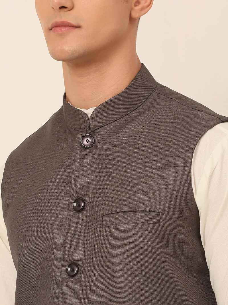 Men Charcoal Grey Solid Woven Sleeveless Nehru Jackets ( JOWC 4046 Charcoal )