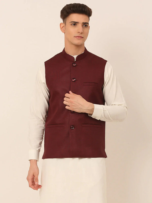 Men Maroon Solid Woven Sleeveless Nehru Jackets ( JOWC 4046 Maroon )