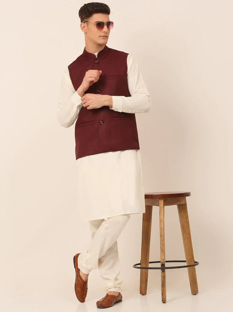 Men Maroon Solid Woven Sleeveless Nehru Jackets ( JOWC 4046 Maroon )