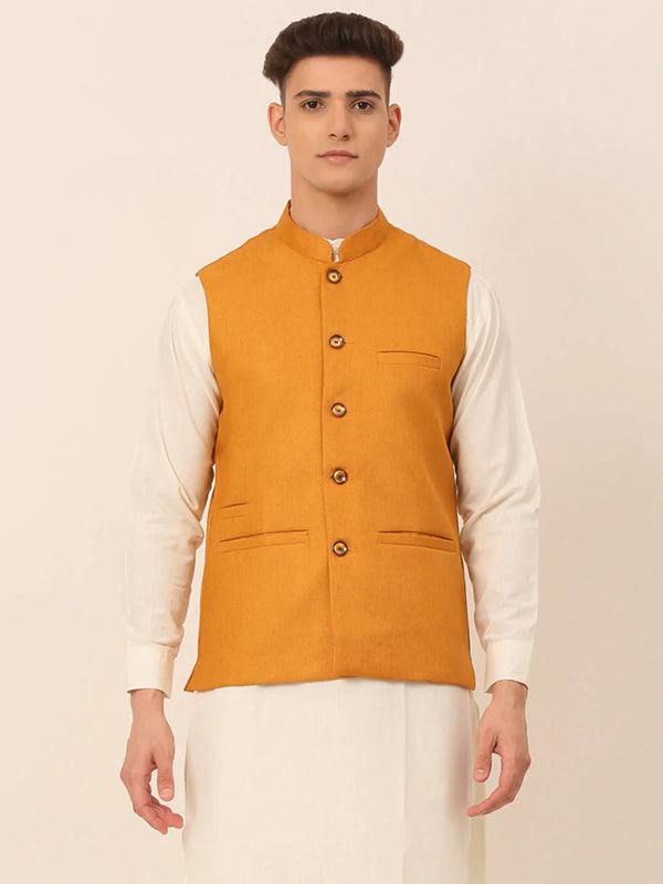 Men Mustard Solid Woven Sleeveless Nehru Jackets ( JOWC 4046 Mustard )