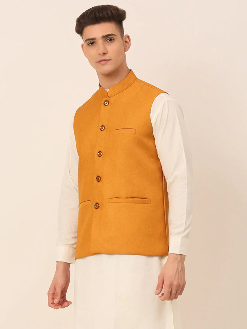 Men Mustard Solid Woven Sleeveless Nehru Jackets ( JOWC 4046 Mustard )