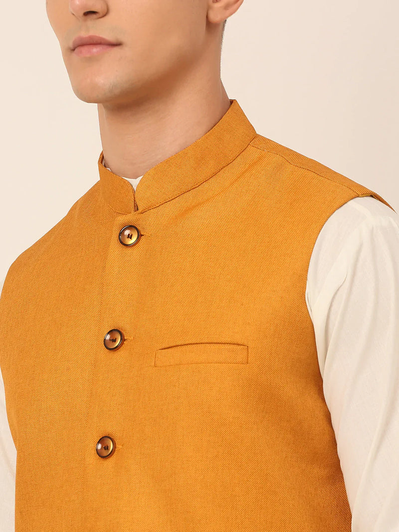 Men Mustard Solid Woven Sleeveless Nehru Jackets ( JOWC 4046 Mustard )