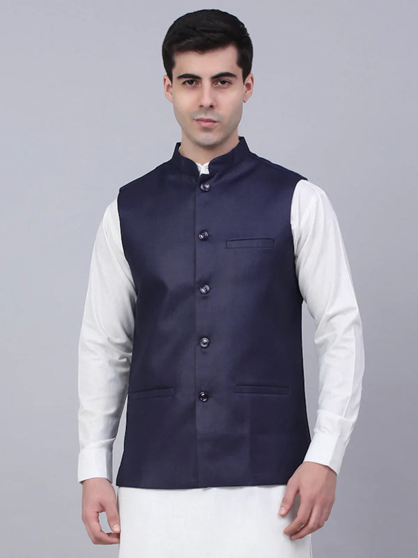 Men Navy Blue Solid Woven Sleeveless Nehru Jackets ( JOWC 4046 Navy )