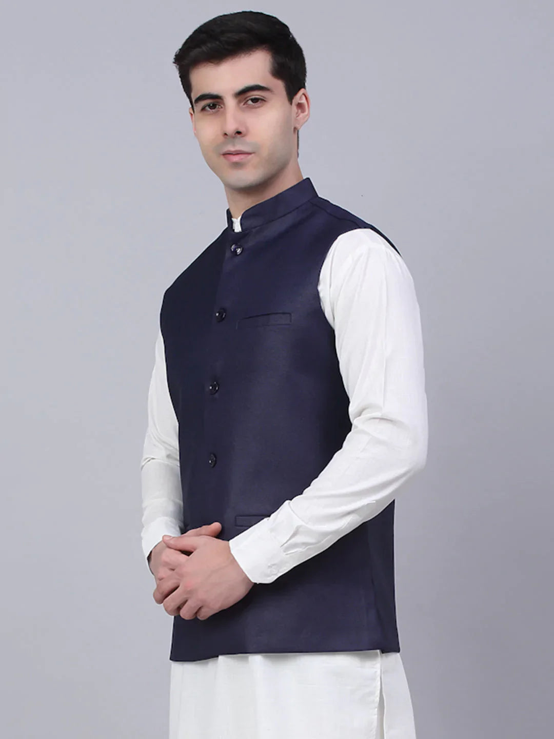 Men Navy Blue Solid Woven Sleeveless Nehru Jackets ( JOWC 4046 Navy )