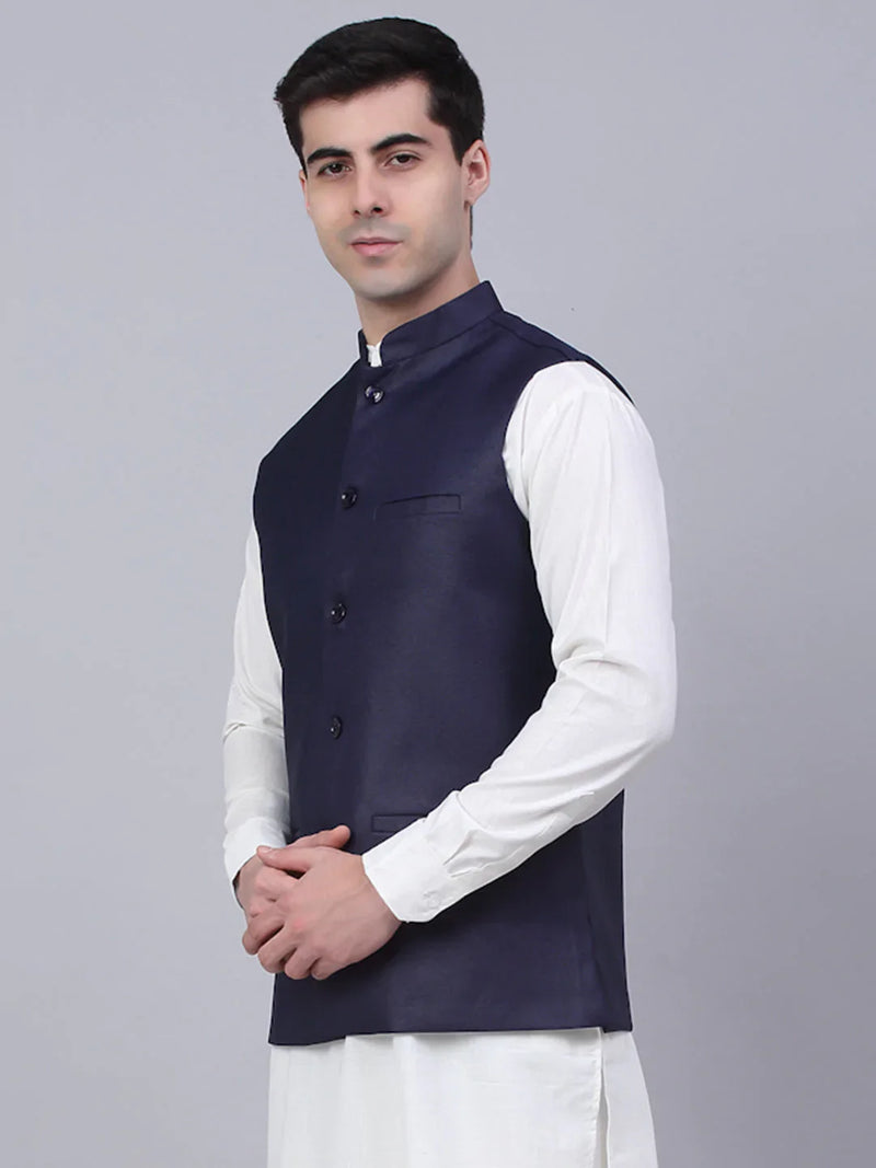 Men Navy Blue Solid Woven Sleeveless Nehru Jackets ( JOWC 4046 Navy )