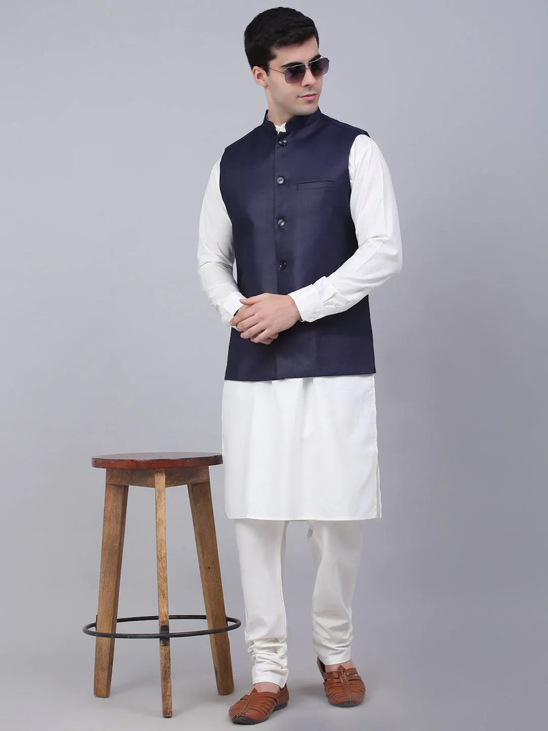 Men Navy Blue Solid Woven Sleeveless Nehru Jackets ( JOWC 4046 Navy )