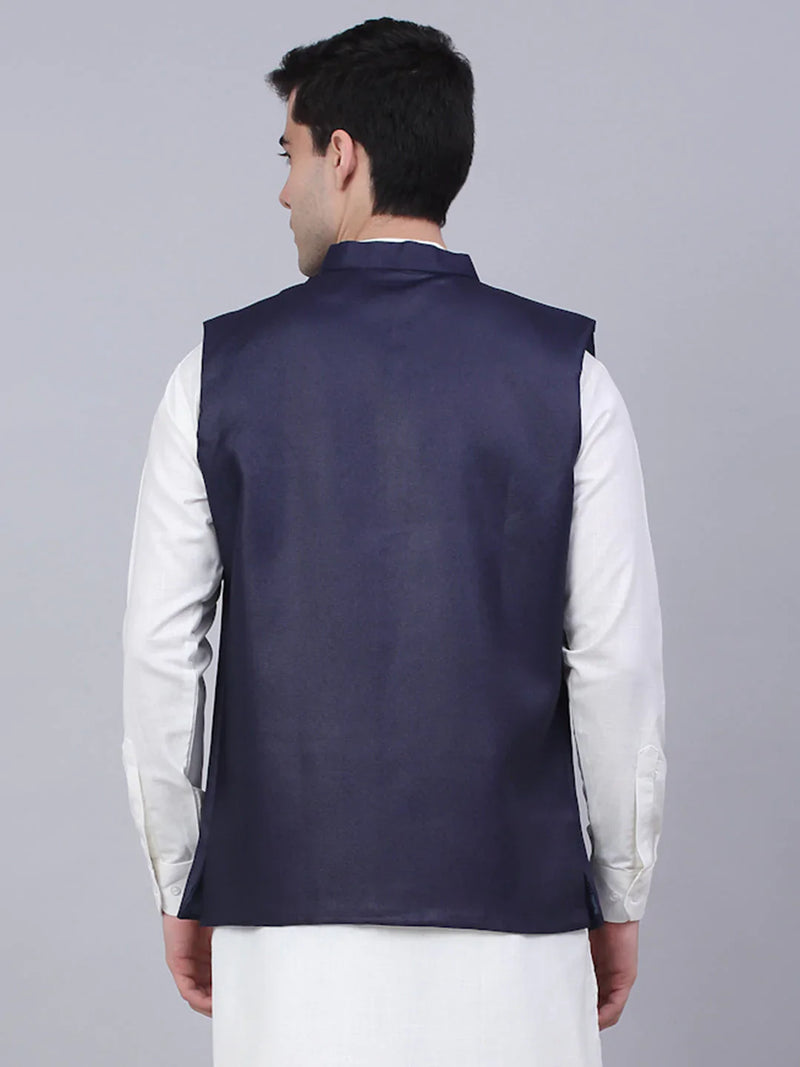 Men Navy Blue Solid Woven Sleeveless Nehru Jackets ( JOWC 4046 Navy )