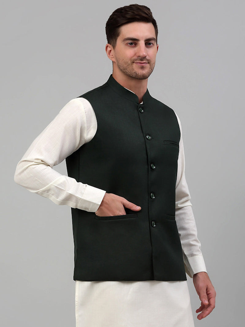 Men Olive Green Solid Nehru Jacket