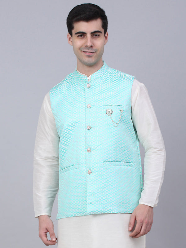 Men's Sky Blue Woven Design Waistcoats ( JOWC 4066Sky )