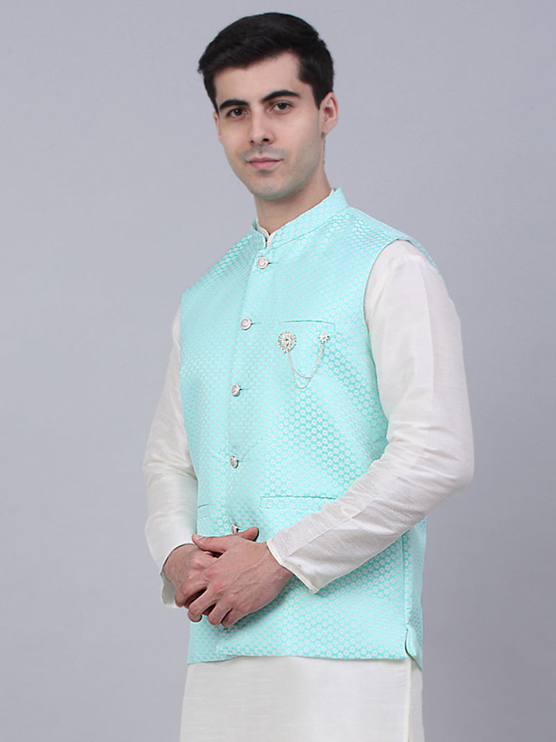 Men's Sky Blue Woven Design Waistcoats ( JOWC 4066Sky )