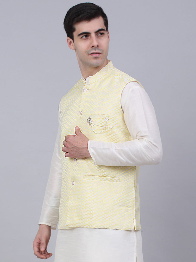 Men's Yellow Woven Design Waistcoats ( JOWC 4066Yellow )