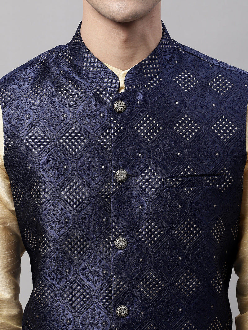 Men Navy Blue Woven Design Waistcoats