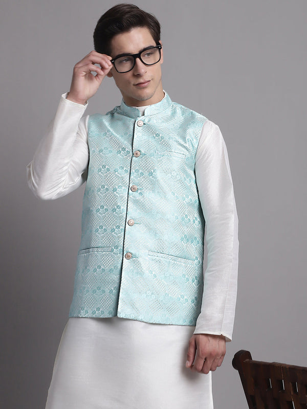 Men's Turquoise Blue Woven Design Nehru Jacket