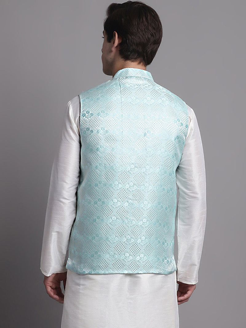 Men's Turquoise Blue Woven Design Nehru Jacket