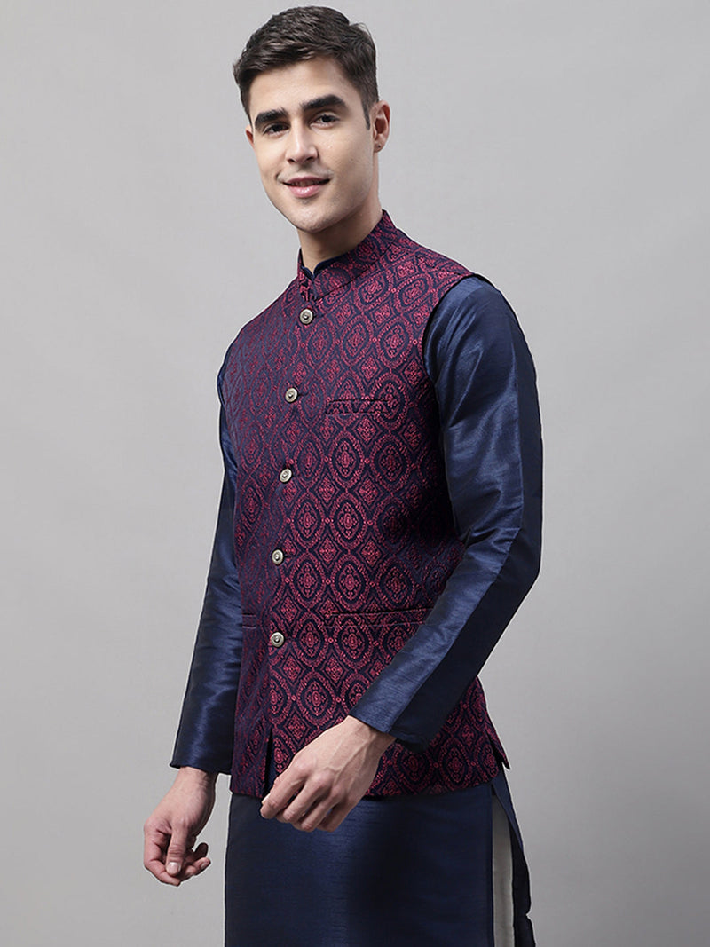 Men Navy Blue and Maroon Woven Design Waistcoats