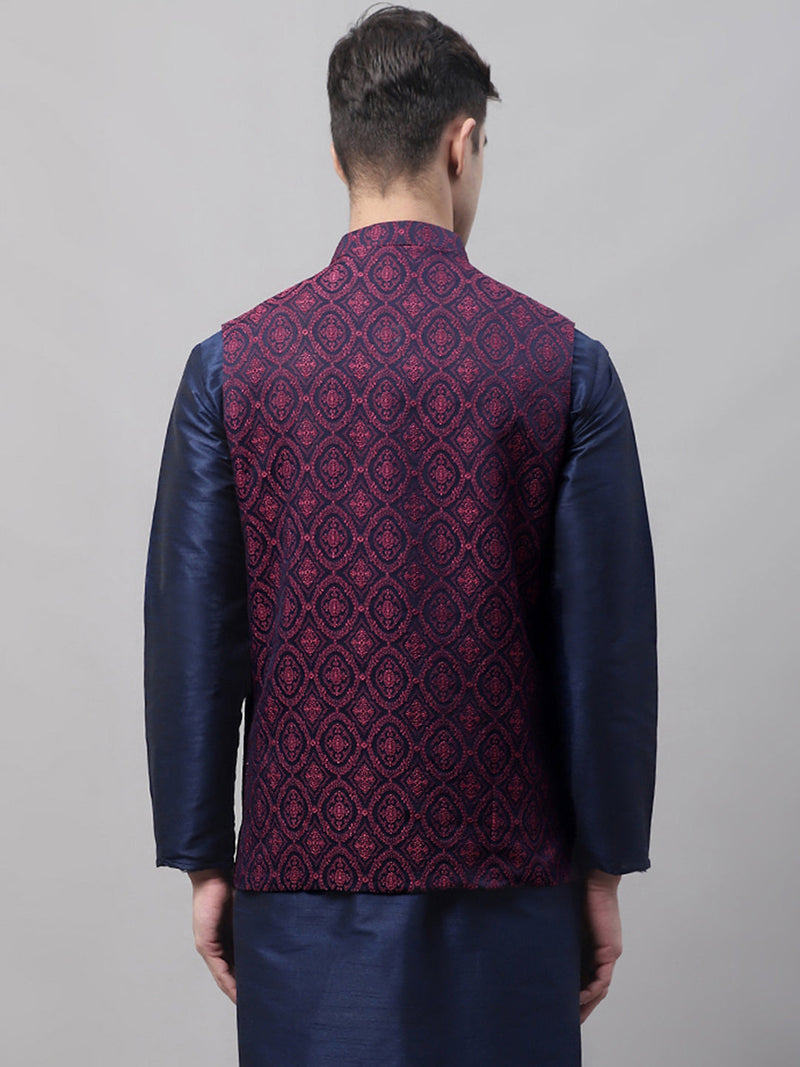 Men Navy Blue and Maroon Woven Design Waistcoats