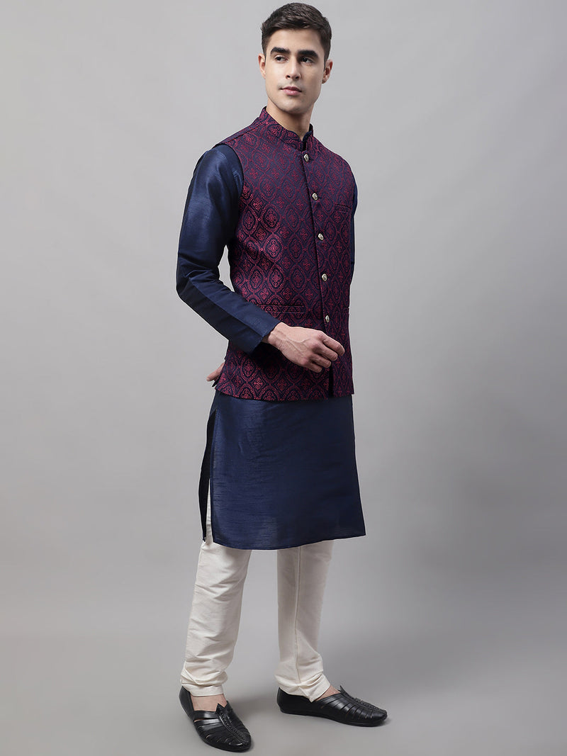 Men Navy Blue and Maroon Woven Design Waistcoats