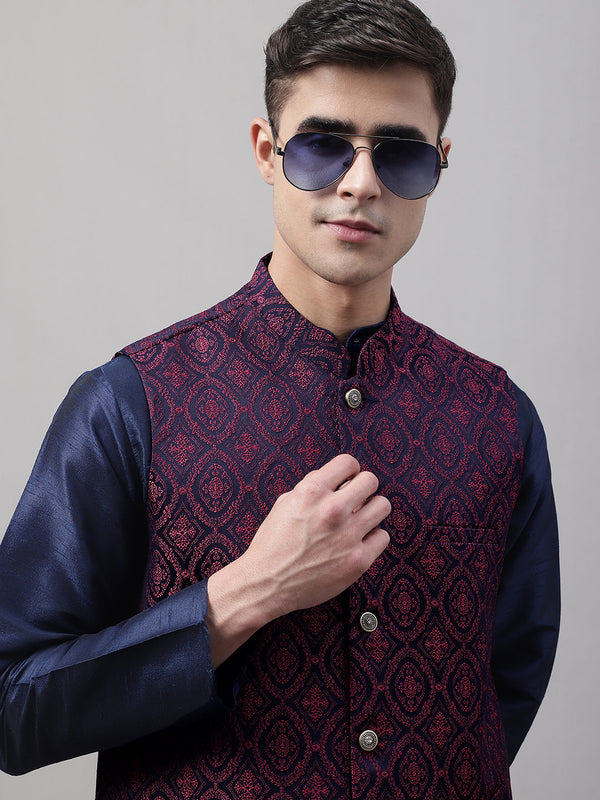 Men Navy Blue and Maroon Woven Design Waistcoats