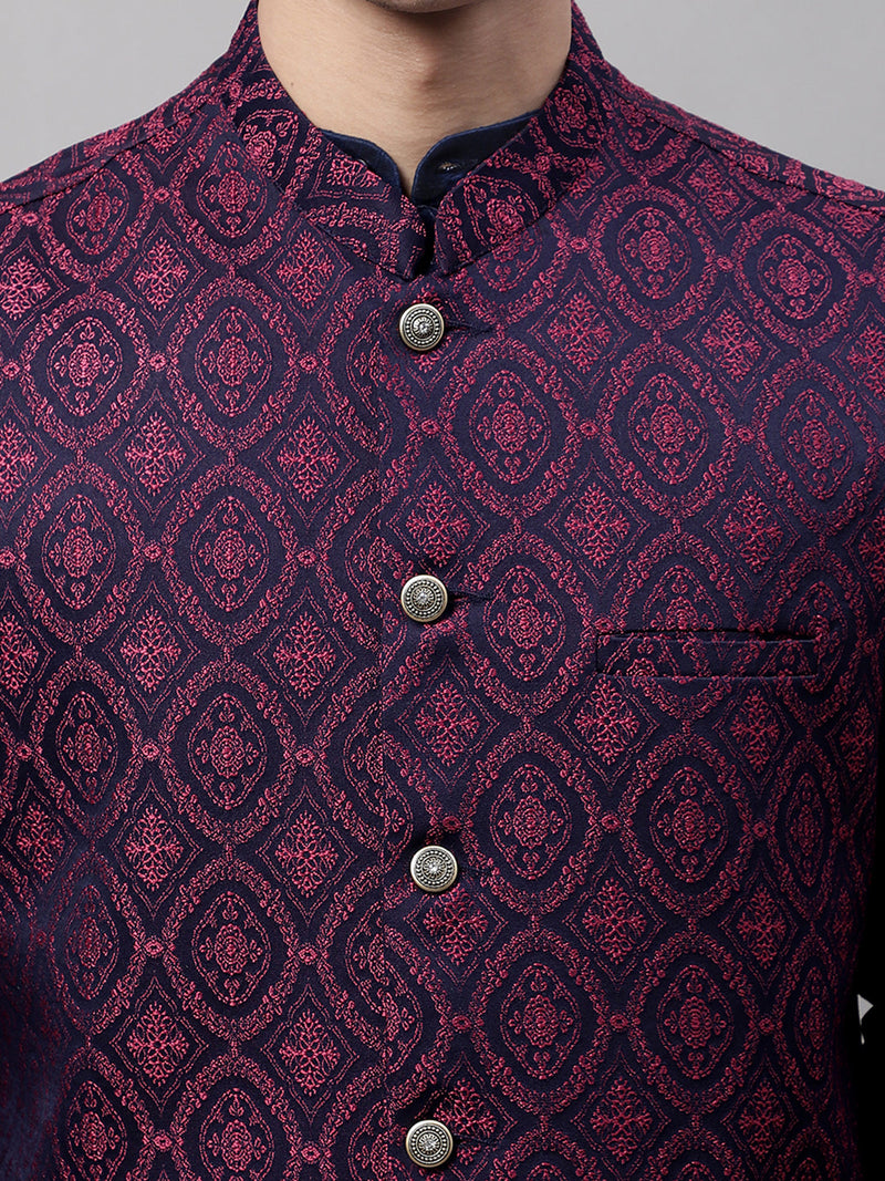 Men Navy Blue and Maroon Woven Design Waistcoats