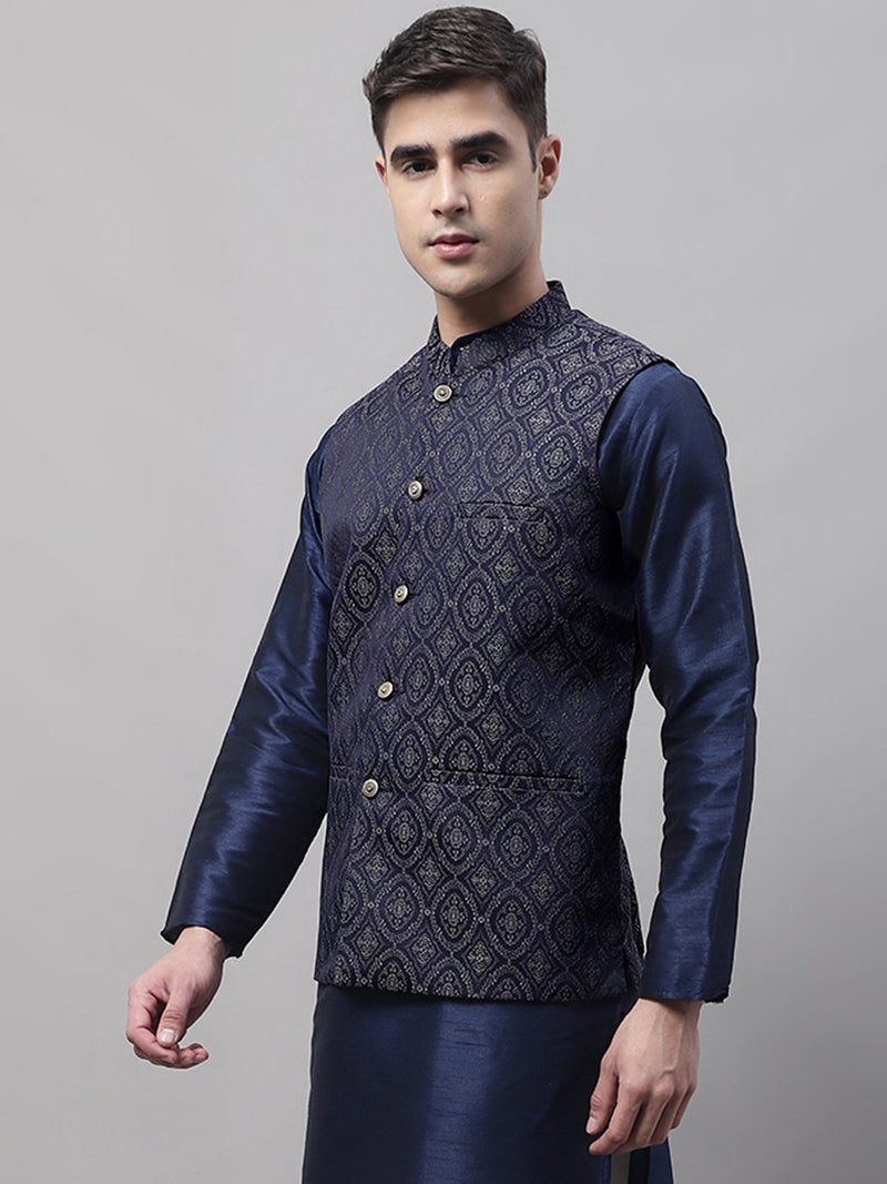 Men Navy Blue and Silver Woven Design Waistcoats