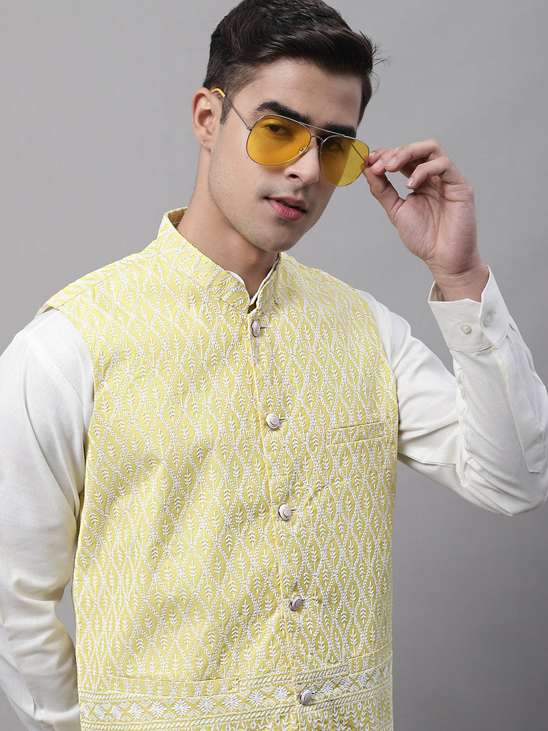 Men Yellow and White Embroidered Waistcoats